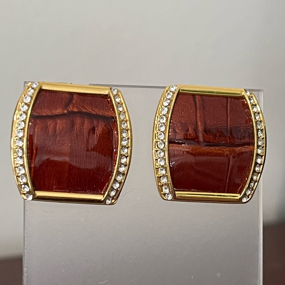 Vintage Joan Rivers ostrich leather dyed brown croco pattern pierced earrings